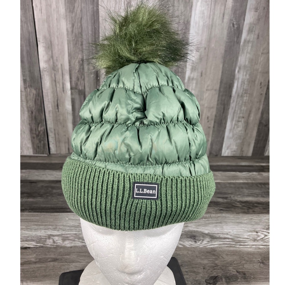 LL Bean Green Quilted Puffer Beanie Faux Fur Pom Fleece Lined Hat 520555 OSFA